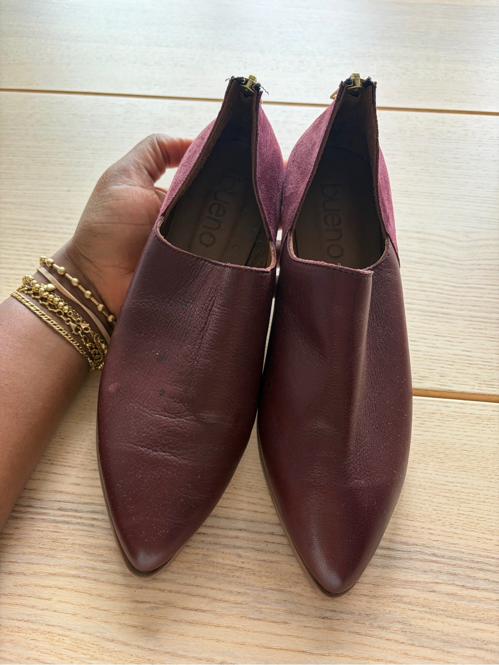 Bueno Burgundy Pointed Slip-On Mules with Suede Heel